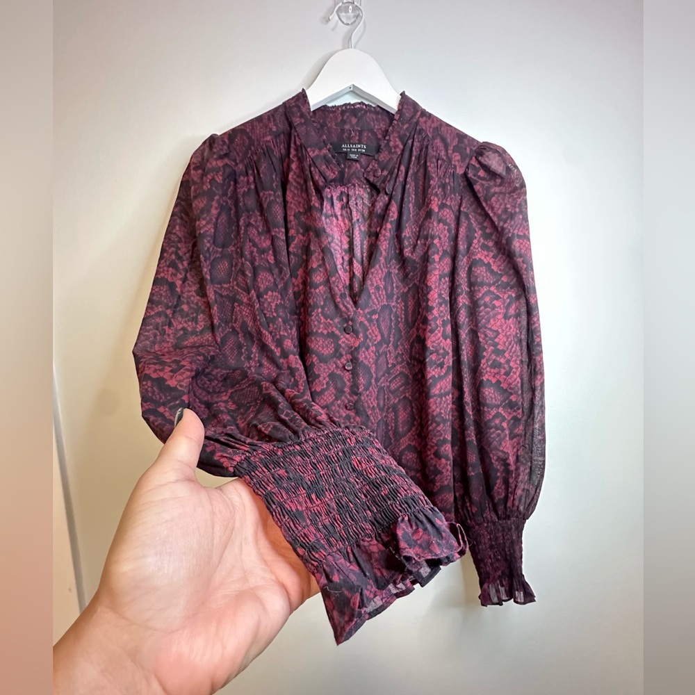 ALLSAINTS Leonie Stanza Shirt in Burgundy Red Python Sheer Print US Size 6 - Picture 11 of 17